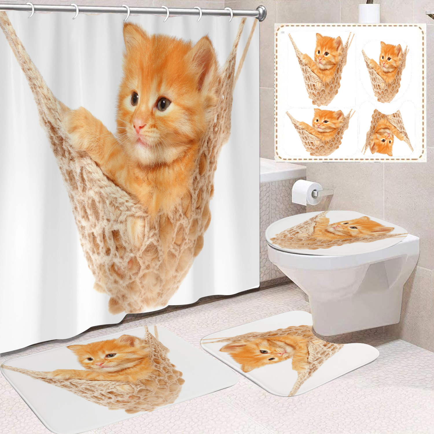 Fuente de fabricantes Amazon animales gatos niños cortina de ducha impermeable a prueba de moho cortina de ducha inodoro partición de baño divertido