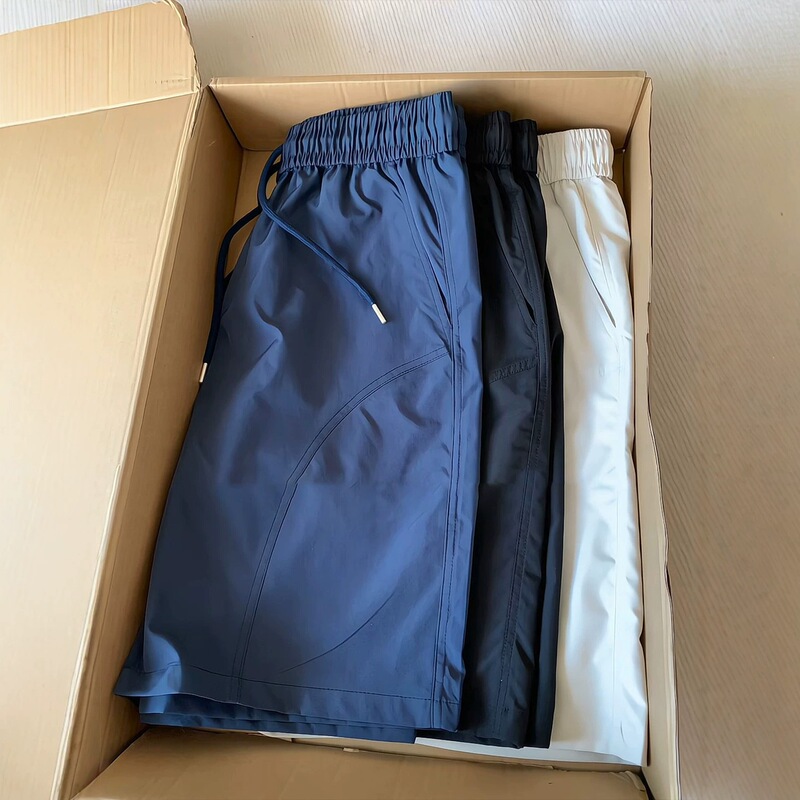 Navy Blue Ice Silk Quick-Dry Shorts for Men, Summer Thin American-Style Diagonal-Cut Sports Shorts, Outdoor Breathable Beach Shorts