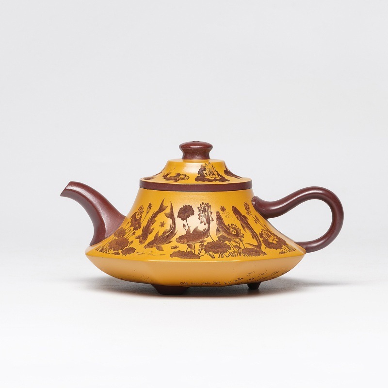 宜兴紫砂壶原矿龙血砂鱼戏莲叶间名家手制茶壶茶具礼品批发代发|undefined