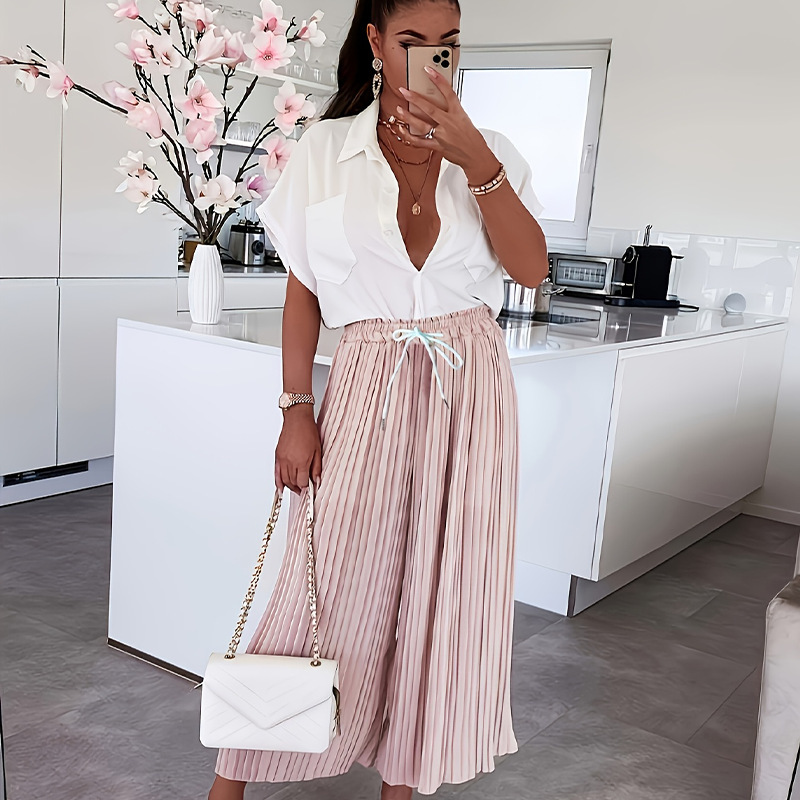 Summer pleated wide-leg pants for women, elastic waist with drawstring, drapey pleated cropped pants, loose and slimming casual pants for women Summer pleated wide-leg pants for women, elastic waist with drawstring, drapey pleated cropped pants, loose and slimming casual pants for women
