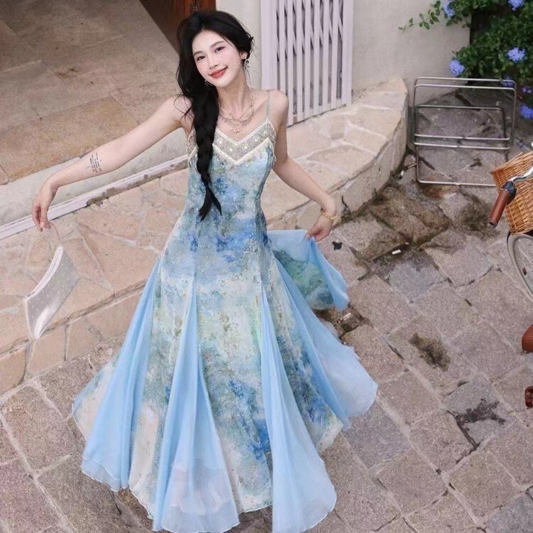 Blue Gradient Print Long Dress with Lace Trim and Ribbon, Summer Gentle Vibe, Elegant Commuter Style, Patchwork Slip Dress
