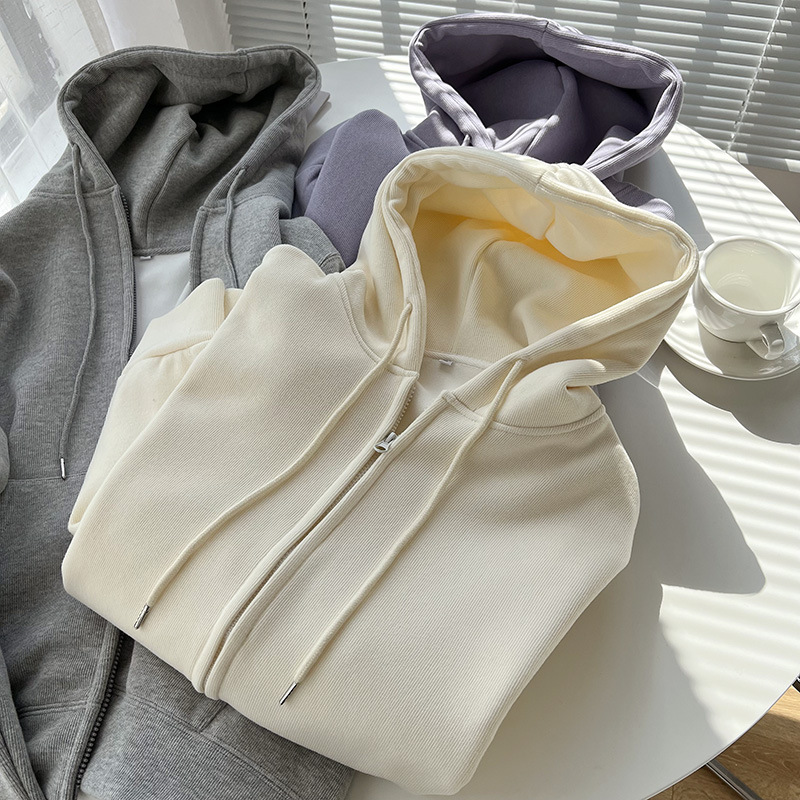 Minnie fleece-lined thickened zipper sweater women's Korean-style autumn and winter thick hoodie loose lazy style solid color coat fashion
