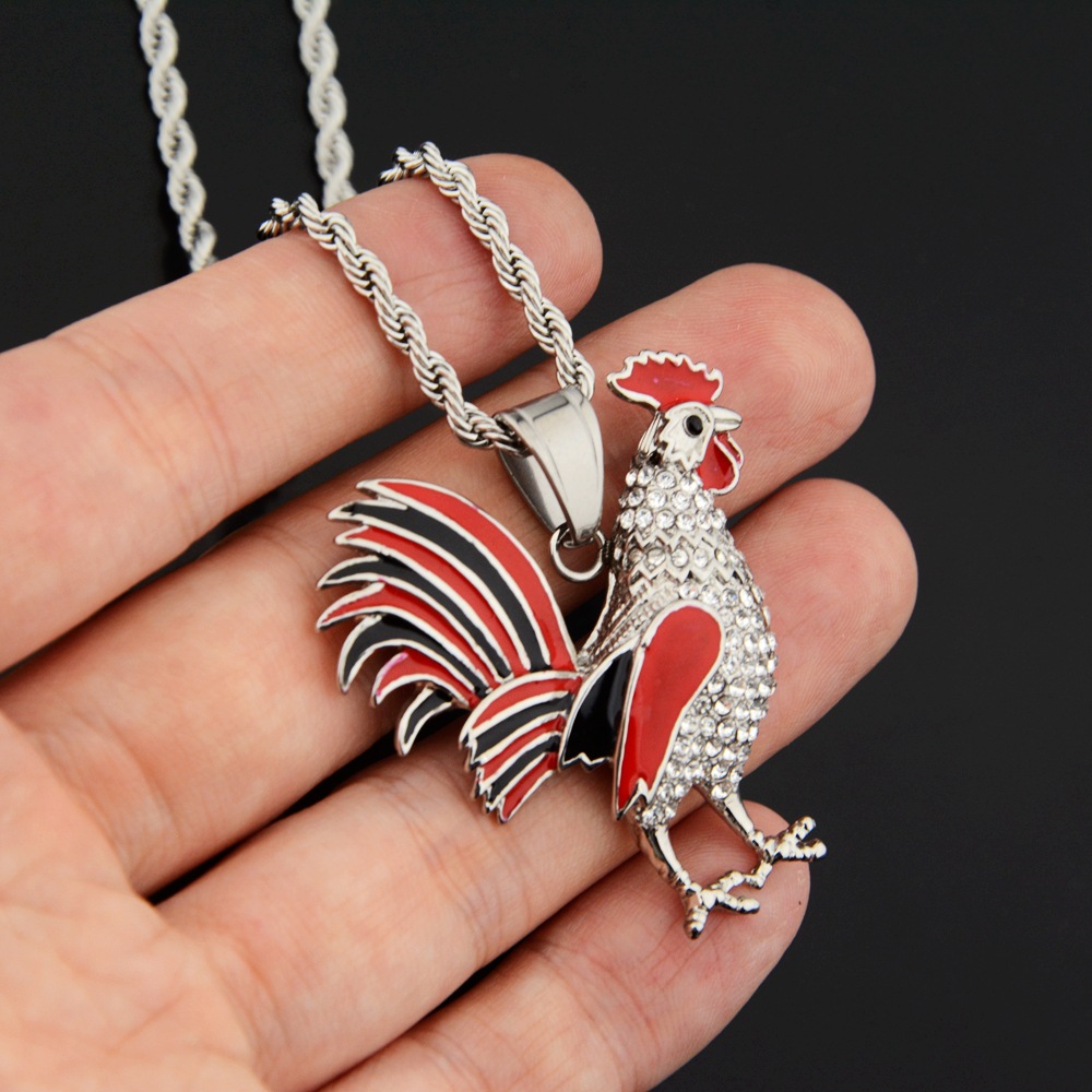 Diamond Design Hip-Hop Retro Cock Titanium Steel Diamond Men's Pendant Necklace Men Pendant Necklaces