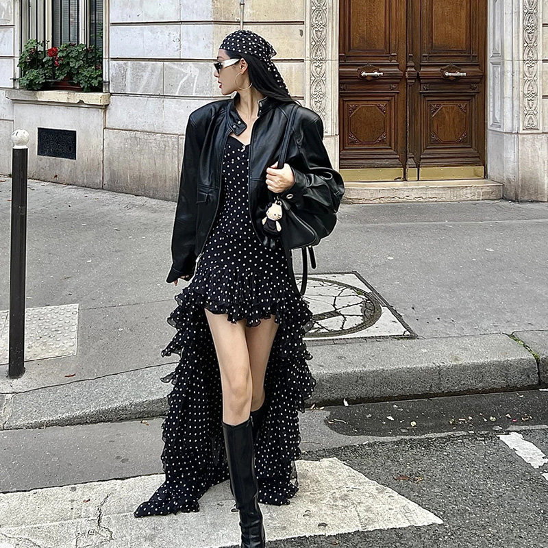 In-Stock Niche Trendy Pu Leather Jacket with Polka Dot Print, Front Short and Back Long Ruffled Hem Dress Set