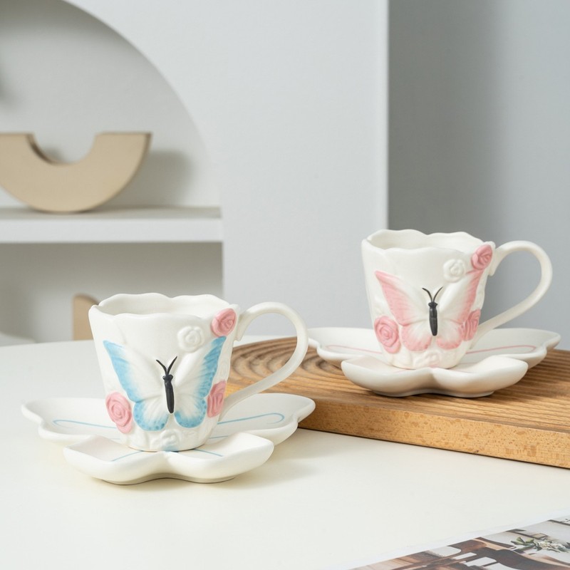 Ins風新商品ネット紅高颜値創意手つまみ手描き蝶家庭用陶磁器コーヒーカップ水杯|undefined