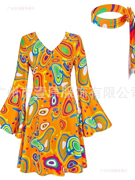 2026 Halloween Cosplay Costume 70S Hippie Costume Disco Dress Headscarf Two-Piece Set for Women 2026 Halloween Cosplay Costume 70S Hippie Costume Disco Dress Headscarf Two-Piece Set for Women