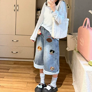 潮鲤有货格子卷边卡通刺绣七分牛仔裤女夏季设计感宽松显瘦中裤潮