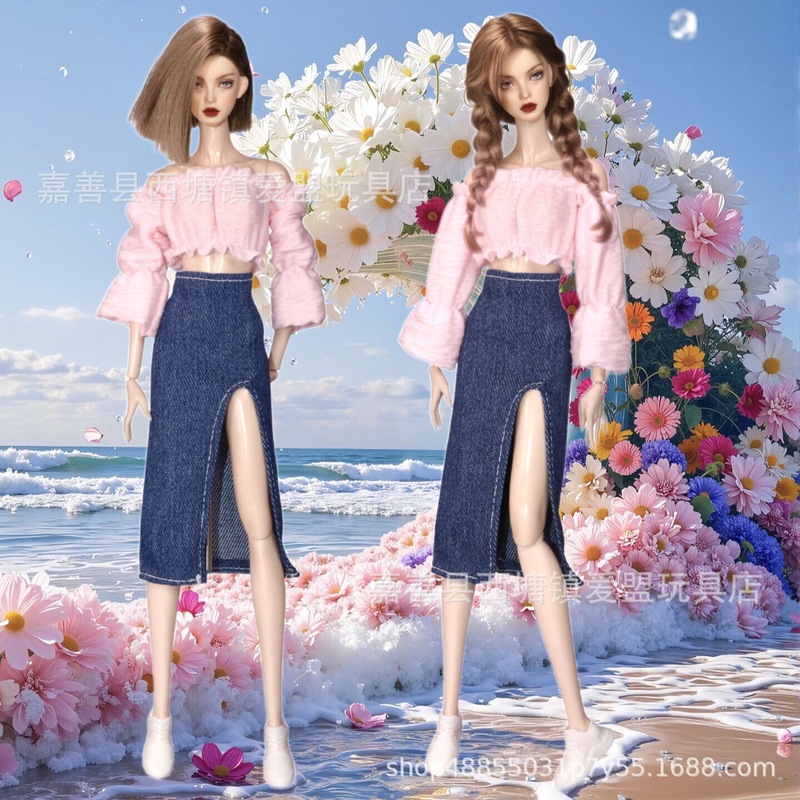 Wholesale Toy Doll Clothes 30cm Barbie Doll Clothes Dress-Up Puff Sleeves Tube Top Denim Slit Skirt Sneakers