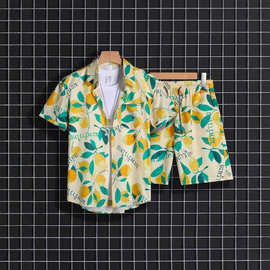 海边三亚沙滩套装男士旅游衬衣夏威夷情侣海南岛服大码宽松花衬衫