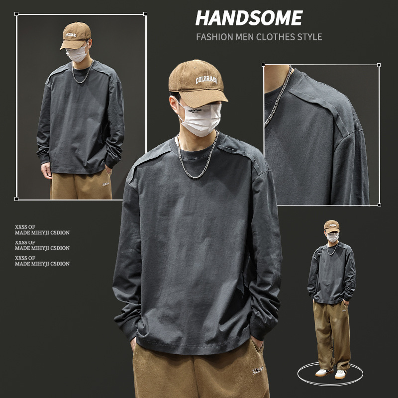 Heavy Weight 280g Long-Sleeved T-Shirt Men's American Retro Design Inner Layering Shirt Loose Round Neck Top Wholesale Heavy Weight 280g Long-Sleeved T-Shirt Men's American Retro Design Inner Layering Shirt Loose Round Neck Top Wholesale