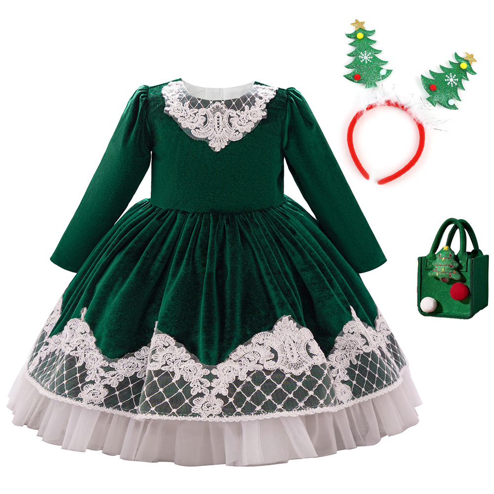 Navidad nuevo vestido de niña vestido de mangas largas vestido de princesa de encaje cascada vestido de regalo vestido de Navidad