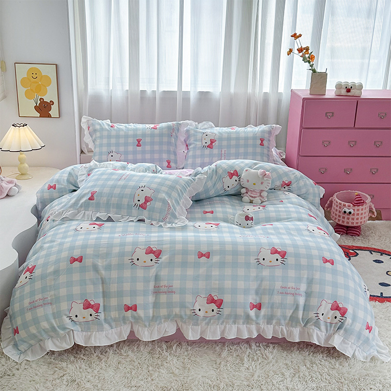 三丽鸥纯棉花边款四件套全棉公主风卡通HelloKitty床单被套床裙款|undefined