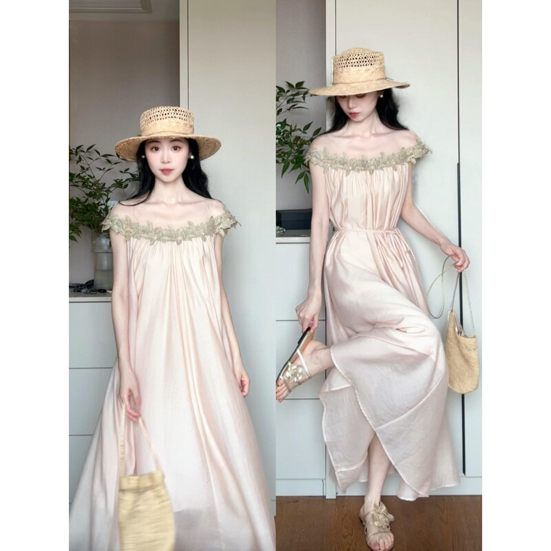 Korean Style One-Shoulder Pink Dress for Women on Seaside Vacation, High-End Fairy Dress