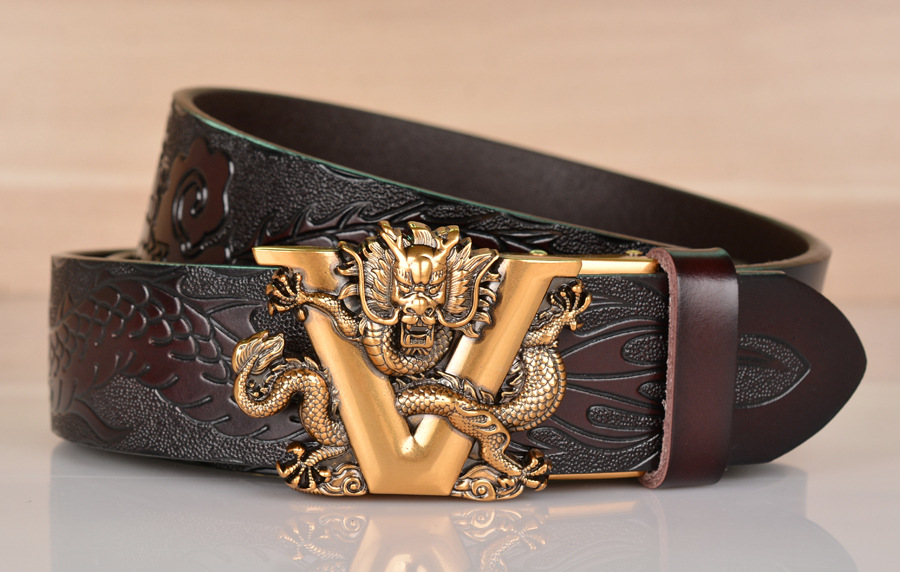 Genuine Leather Men Belt Designer Dragon V Buckle Cowboy  display picture 3