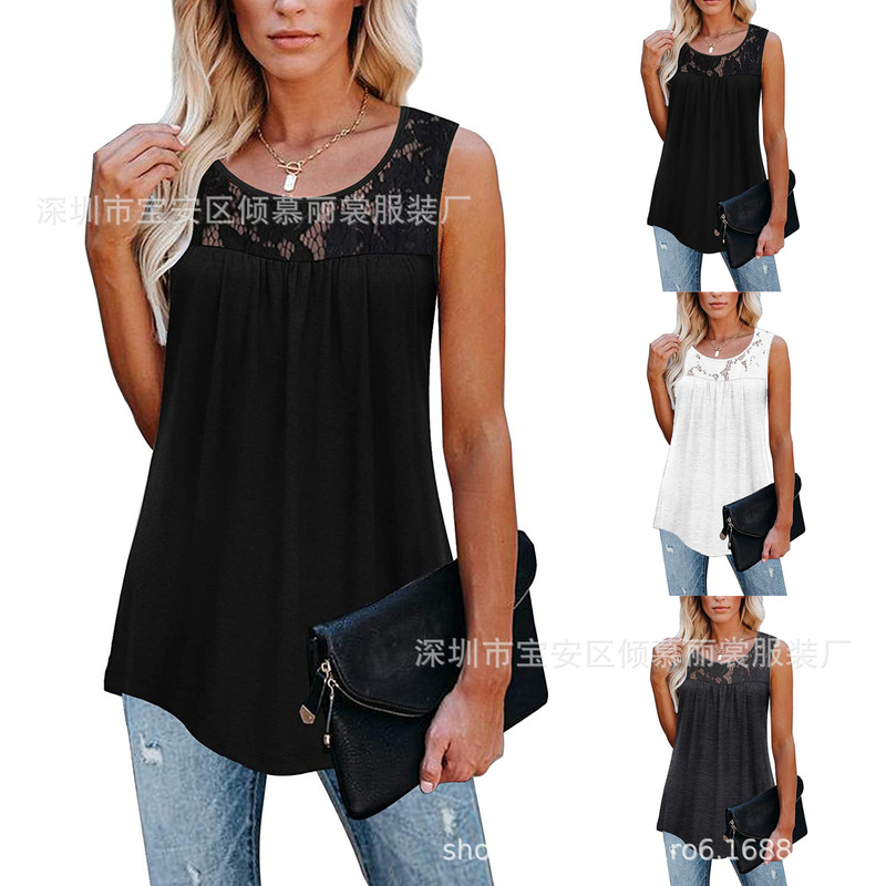 2024 European and American cross-border new women's plus size sleeveless lace pleated shirt summer shirt waist top