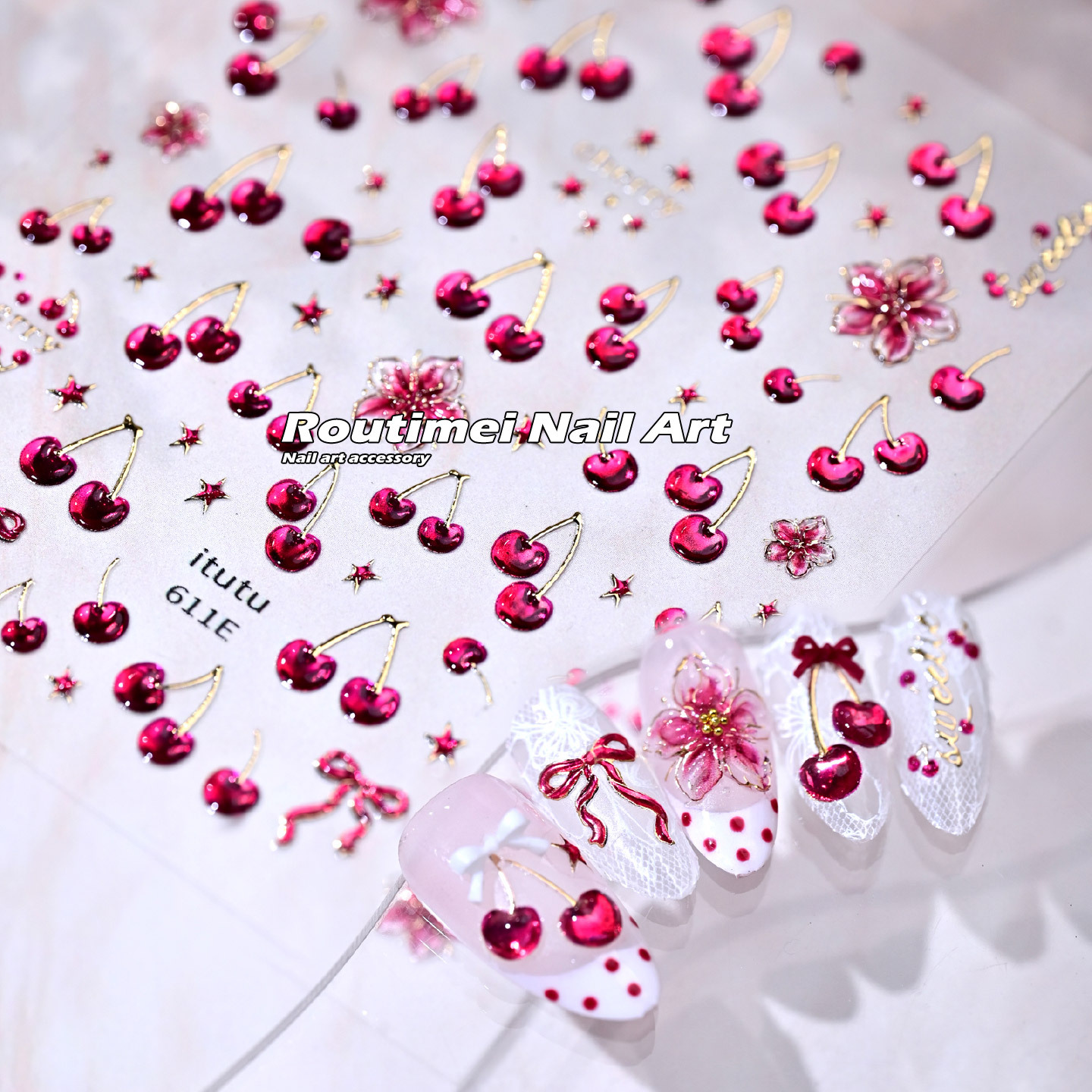 Summer Cherry Dream Fresh Little Flower New Laser Pink 3D Nail Art Stickers Fingertip Fruit DIY Decoration Stickers
