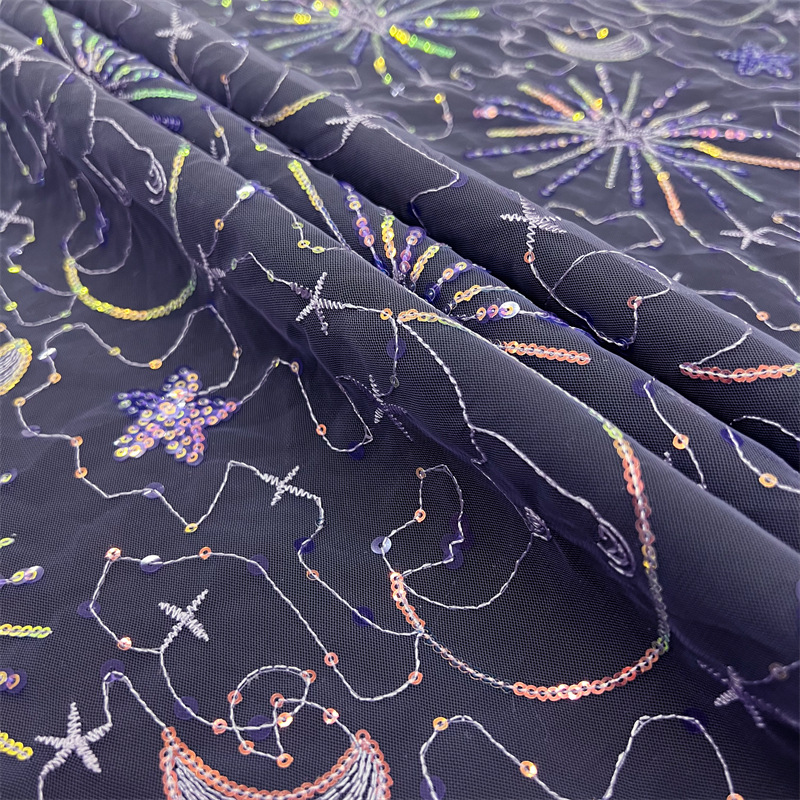 1meter Stars and moon sequined yarn cloth dress see-through sequined dress fashion designer mesh embroidery fabric