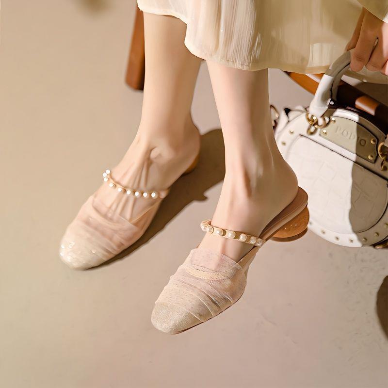 2025 New Style Pearl Toe-Cap Half Slippers for Women, Summer Fashion, Mid-Heel Breathable Mesh Chunky Heel Mules