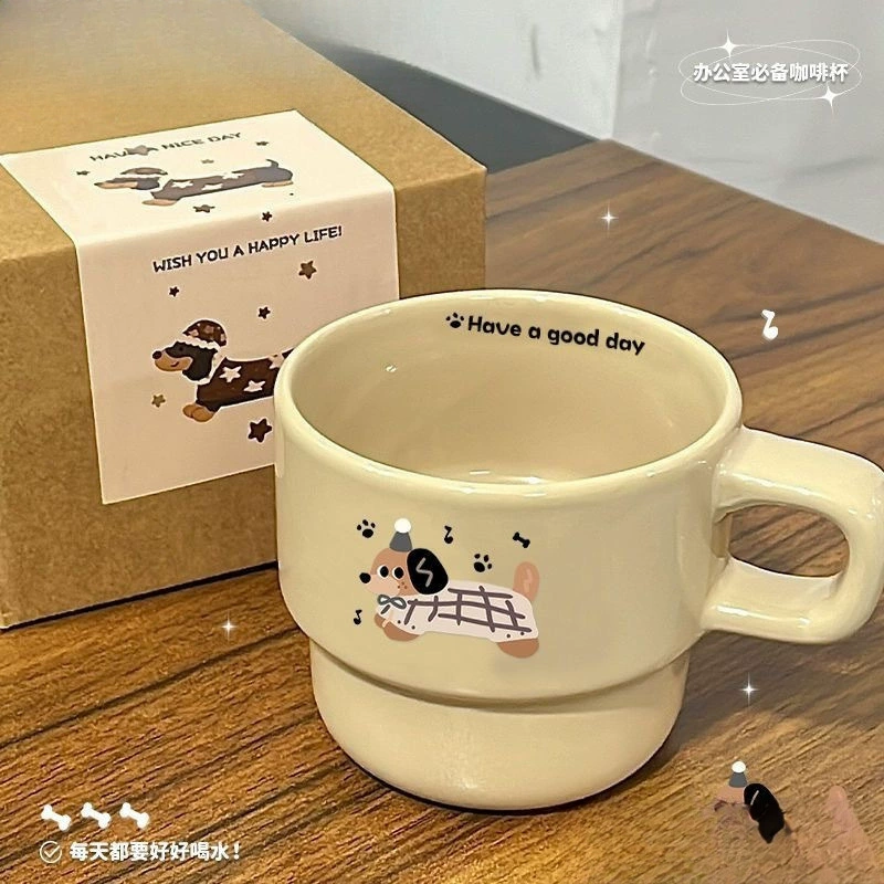 Стекаемая керамическая кружка с рисунком таксы, лёгкая роскошь, для завтрака (возможен набор с ложкой)