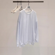韩系大码软糯风条纹薄款长袖女上衣早秋季装显瘦胖mm宽松打底T恤