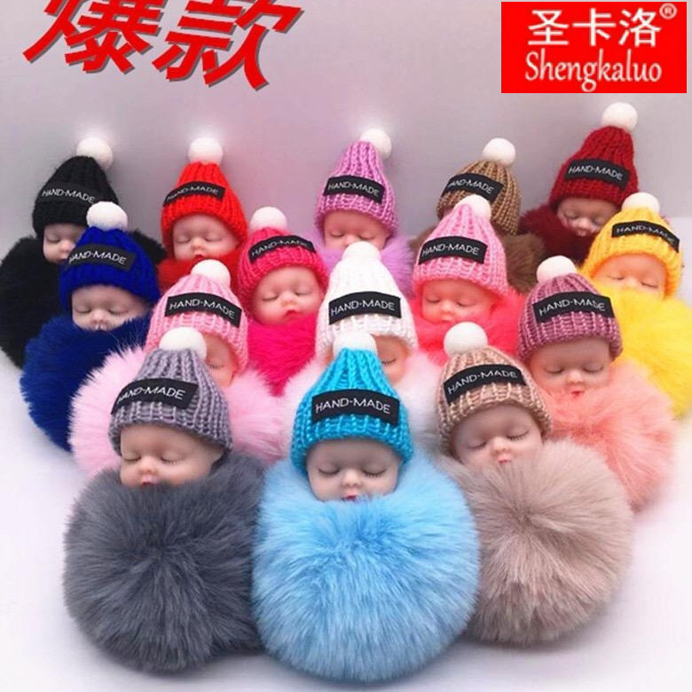 Cute Imitation Rabbit Fur Ball Sleeping Cute Doll Keychain Plush Doll Wool Hat Doll Bag Car Pendant for Women