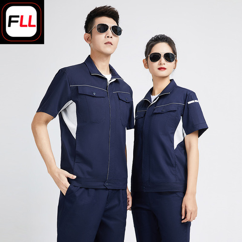Summer thin bamboo fiber short-sleeve workwear set for men, durable logistics express auto repair factory protective clothing