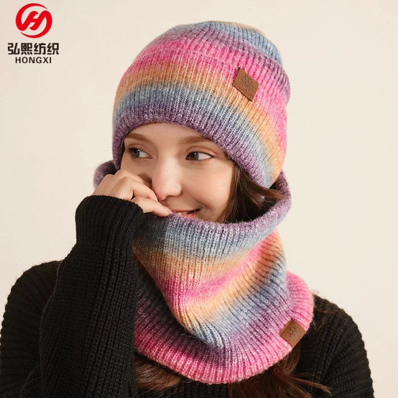 Winter travel keep warm knitted scarf, hat, set, European style, gradient