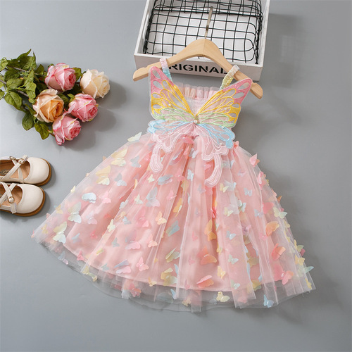 Baby Girl Summer Dress New Children's Net Butterfly Knot Strap Dress Girl Cotton Candy Net Gown Princess Dress