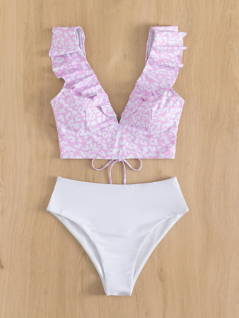 2024 New Leopard Pattern Ruffle Edge Beach Bikini Women's High Waist Triangle Split Swimsuit_voghion.com