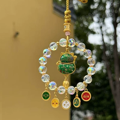 brocade, Five Road God of Wealth | Car hanging - green-fortune-cat