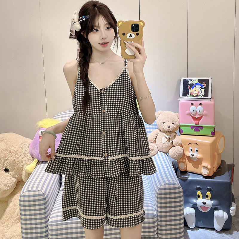Sweet Girl Pajamas Summer Thin Bubble Wrinkle Camisole Shorts Sexy Polka Dot Ins Student Home Clothes