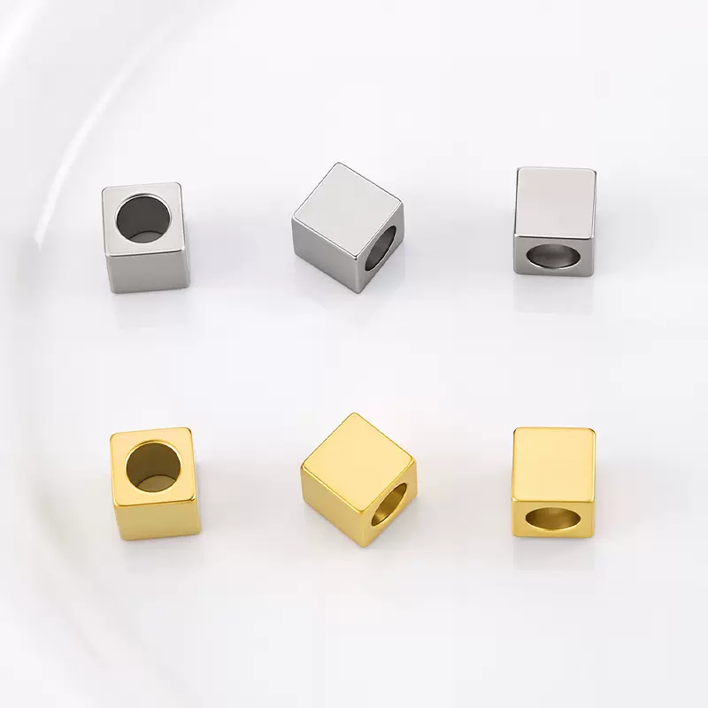 抛光方形通孔珠不锈钢DIY饰品配件 真空电镀金色串珠散珠精美配饰