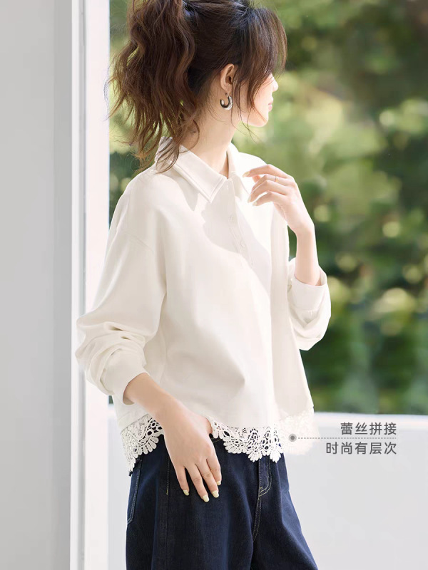 哥家商场同款女装2025秋季新款蕾丝拼接百搭通勤透气翻领卫衣|undefined