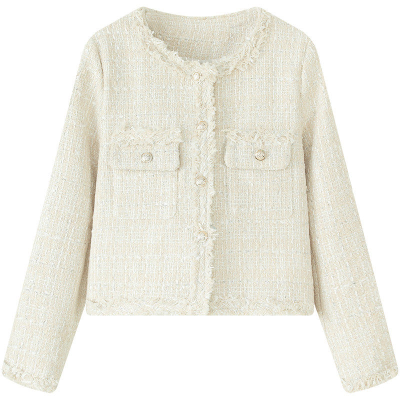 Áo khoác nữ ngắn dáng vải tweed viền tua rua, tay dài, form rộng — Hồng ngó sen