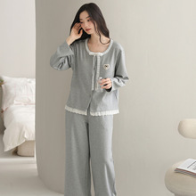 拉架纯棉睡衣女士春秋季宽松休闲性感开衫长袖简约家居服时尚套装