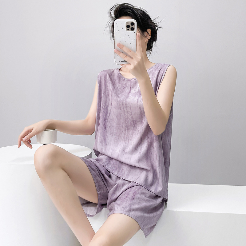 Cotton Silk Pajamas for Women, Summer Simple Vest and Shorts Set, Thin Artificial Cotton, High-End Purple Sleeveless Plus-Size Loungewear Cotton Silk Pajamas for Women, Summer Simple Vest and Shorts Set, Thin Artificial Cotton, High-End Purple Sleeveless Plus-Size Loungewear