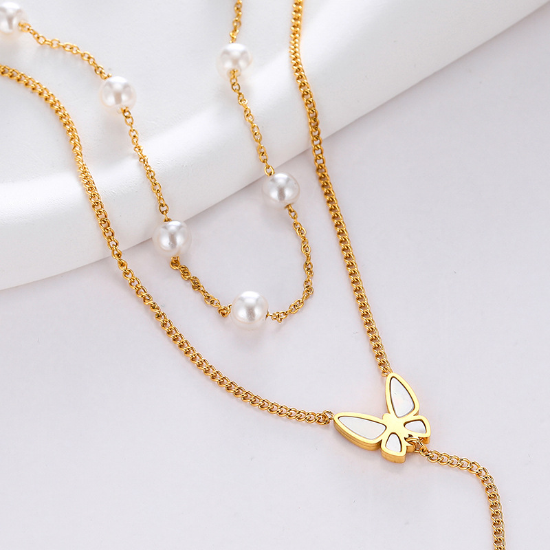 Titan Stahl IG-Stil Schmetterling Überzug Inlay Künstliche Perlen Doppellagige Halsketten display picture 1