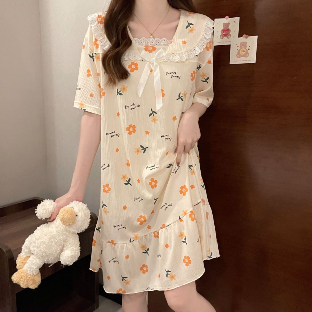 2024 pijama de mujer algodón de tela pijama de verano estudiantes frescos lindos mangas cortas ropa de cuello de muñeca media y larga