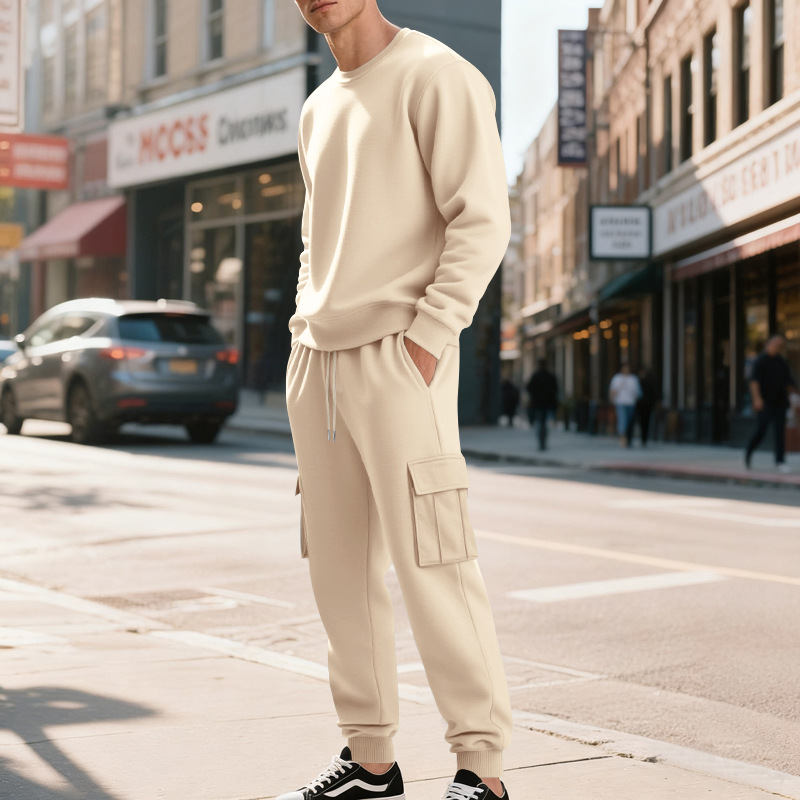 Europe, America, Autumn And Winter Heavy Velvet Men's Loose Casual Sports Tooling Round Neck Solid Color Sweater Trousers Set_viptrois.com