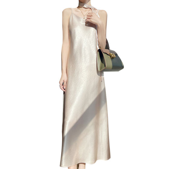 Gilded Satin Ribbon Suspender Skirt 2025 Summer New Acetate Satin Draped Suspender Dress Anti-Silk Long Skirt