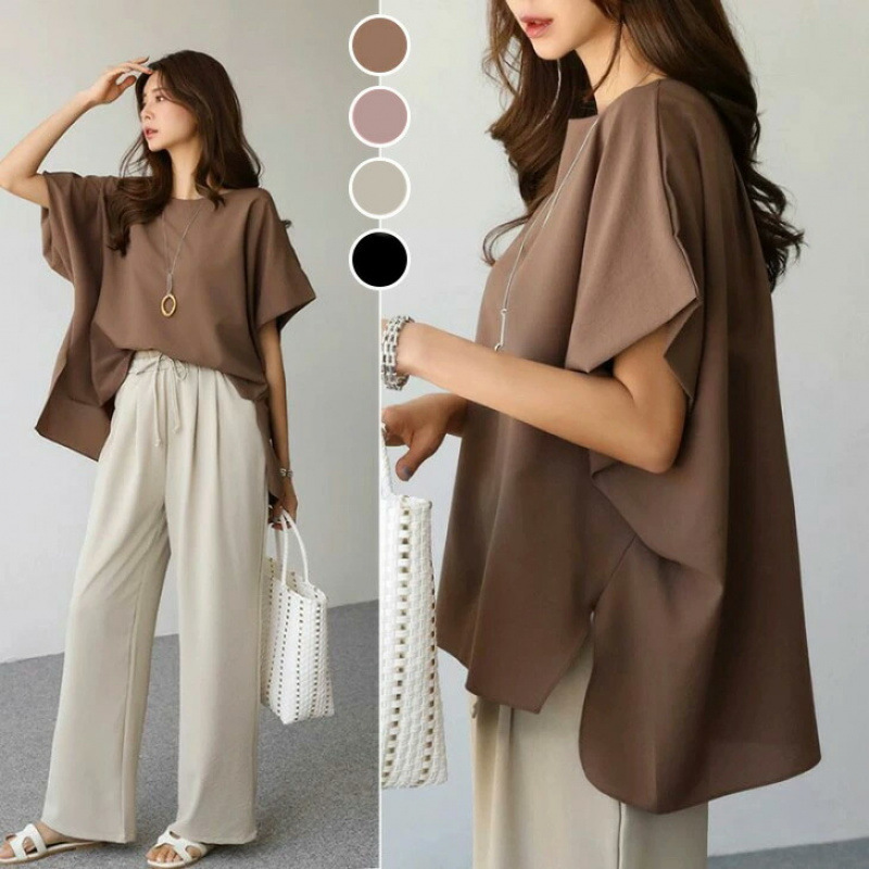 Good Fabric 2025 Spring/Summer Japanese Style Fashionable Loose Split Crewneck Short Sleeve T-Shirt Top