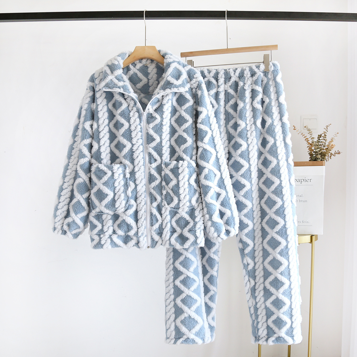 LYZブルーフランネルカップルファスナー麻花セット