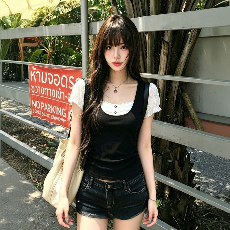 [210g 40-Count Fine Cotton] Fake Two-Piece Short-Sleeve Women's Summer Outfit Lace Bubble T-Shirt Design Slim-Fit Top