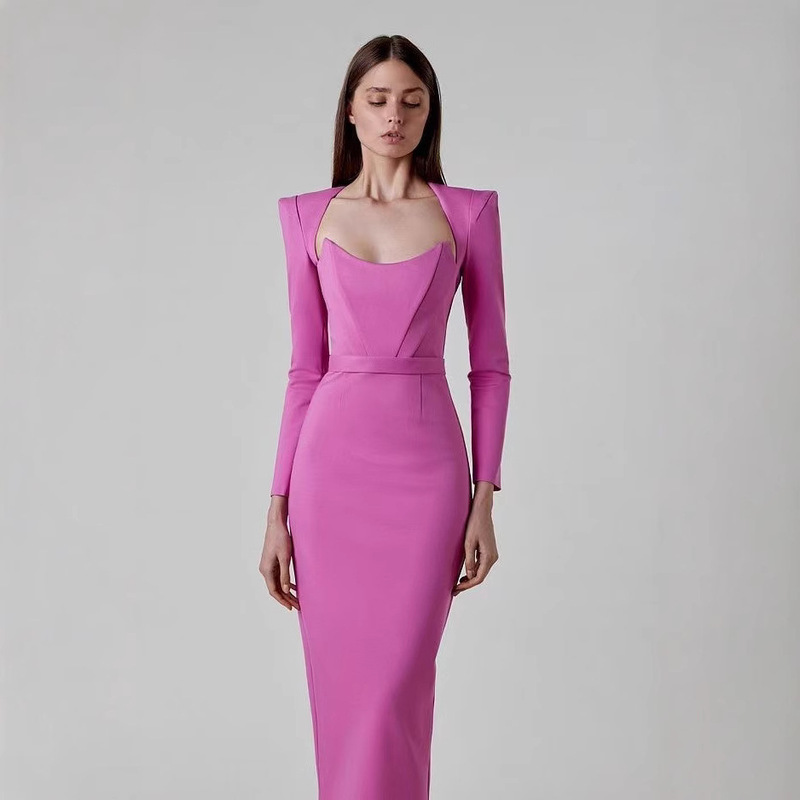 European and American New Women's Fashion Sexy and Elegant Simple Long-Sleeved Straight Shoulder Bandage Dress Party Evening Dress