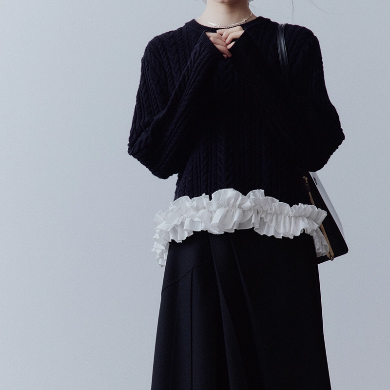 In Stock Fuss Black Wedding Heavy-Duty Twisted Rope + Three-Dimensional Lace Woolen Round-Neck Sweater for Women In Stock Fuss Black Wedding Heavy-Duty Twisted Rope + Three-Dimensional Lace Woolen Round-Neck Sweater for Women