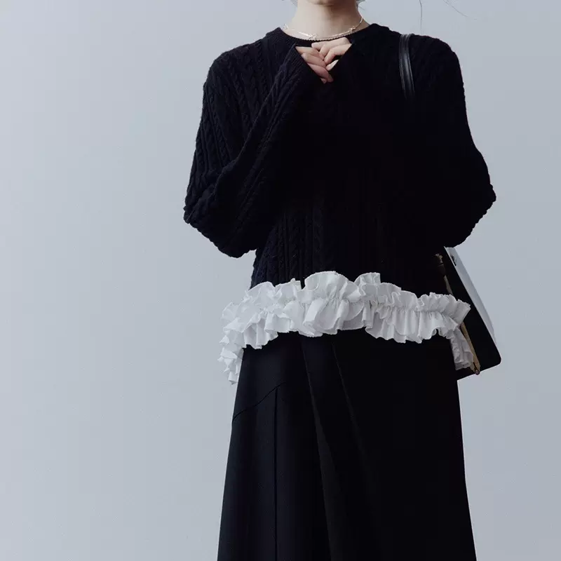 现货FUSS 黑色婚礼_重工纽绳绞花+立体花边_毛织圆领上衣毛衣女