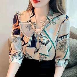 一件代发年新款设计感气质衬衣长袖上衣七分袖印花雪纺衬衫女装
