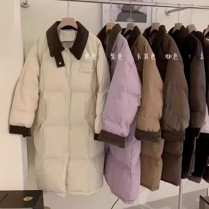 2024 Winter New Down Jacket Women's Long Corduroy Lapel Thickened Knee Loose Warm White Duck Down Jacket 2024 Winter New Down Jacket Women's Long Corduroy Lapel Thickened Knee Loose Warm White Duck Down Jacket