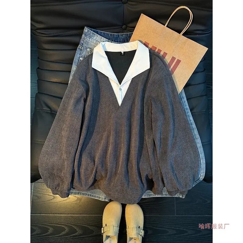 Academy-Style American-Style Faux Two-Piece Wheat-Pattern Sweatshirt for Women, High-End Patchwork Jacket with a Turn-Down Collar Design, Layered Top