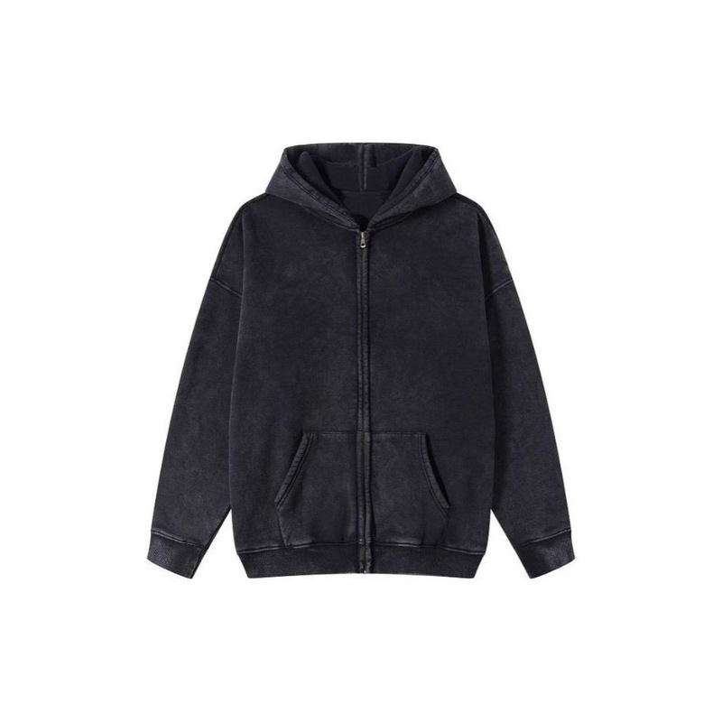 Cross-Border American Retro Washed Black Zipper Cardigan Hooded Sweatshirt Spring, Autumn and Winter High-End Lazy Style Plus Velvet Jacket